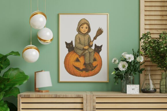 Vintage Halloween Girl on Pumpkin Cross