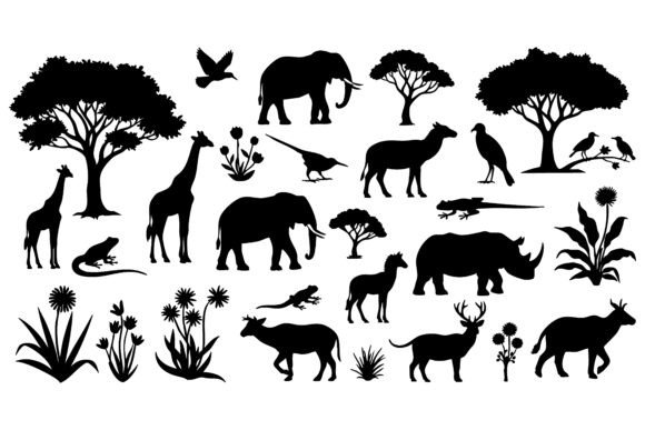 African Savanna Wildlife and Flora Silho