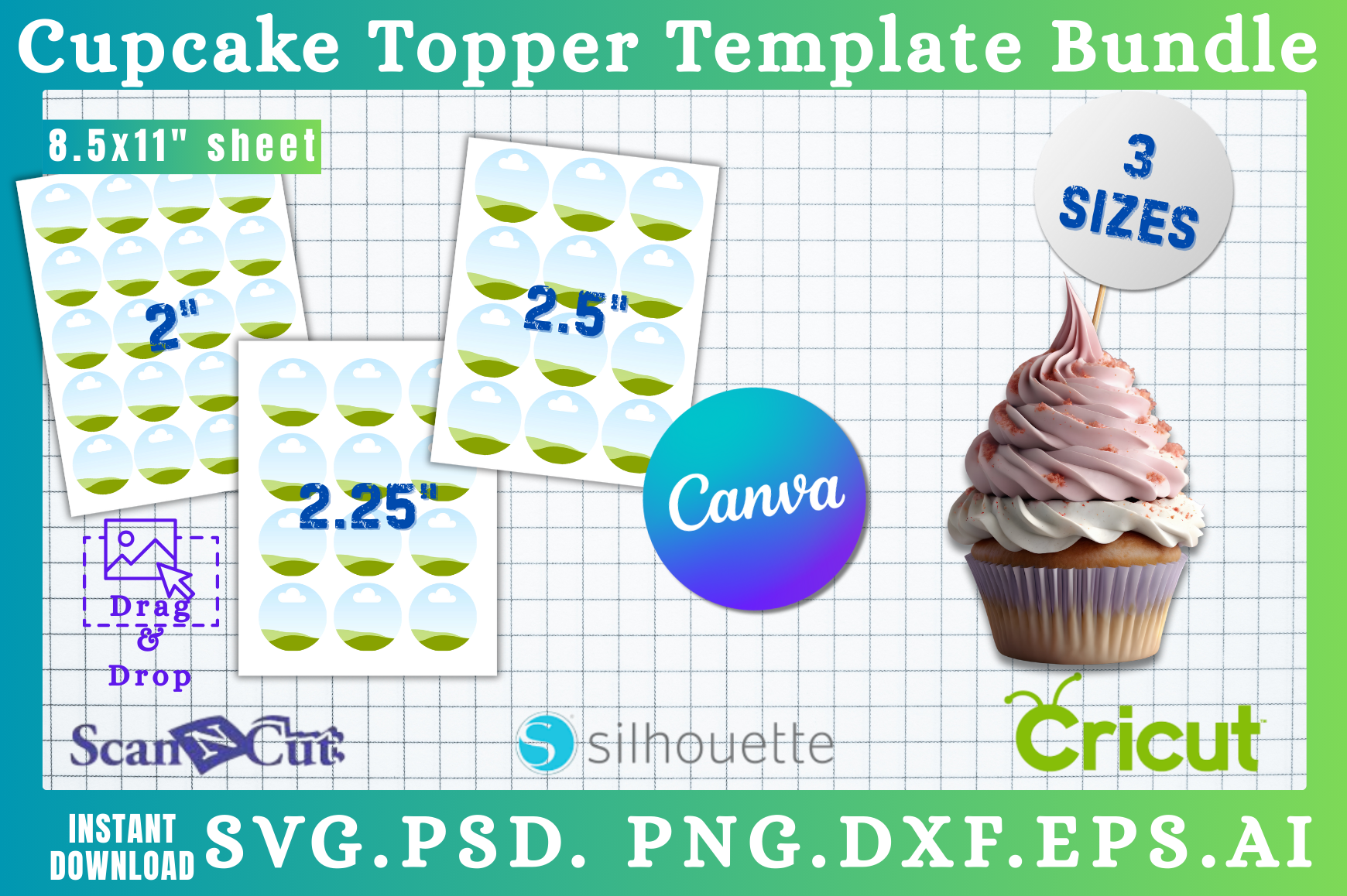 3pc Round Cupcake Topper Template Set