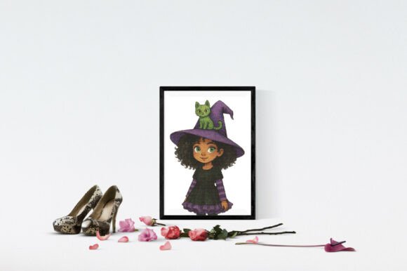 Curly-Haired Witch with Green Cat