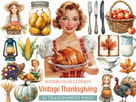 Vintage Thanksgiving Watercolor Clipart