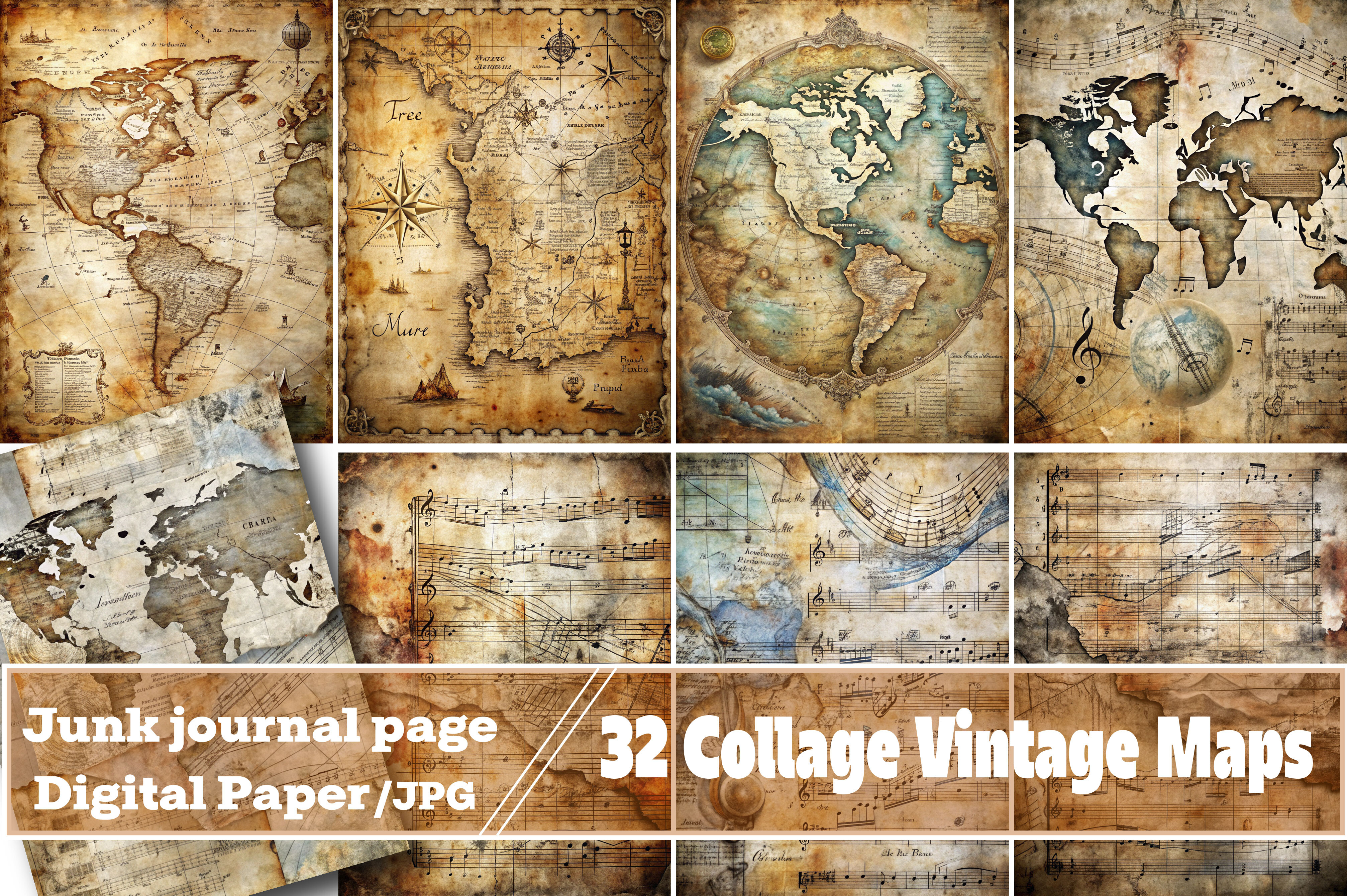 Collage Vintage Maps Junk Journal Pages