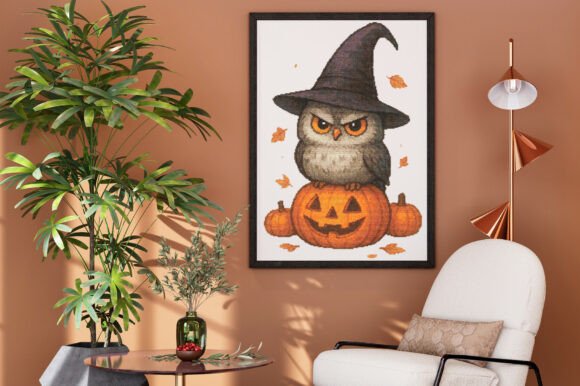 Grumpy Halloween Owl on Pumpkin Cross