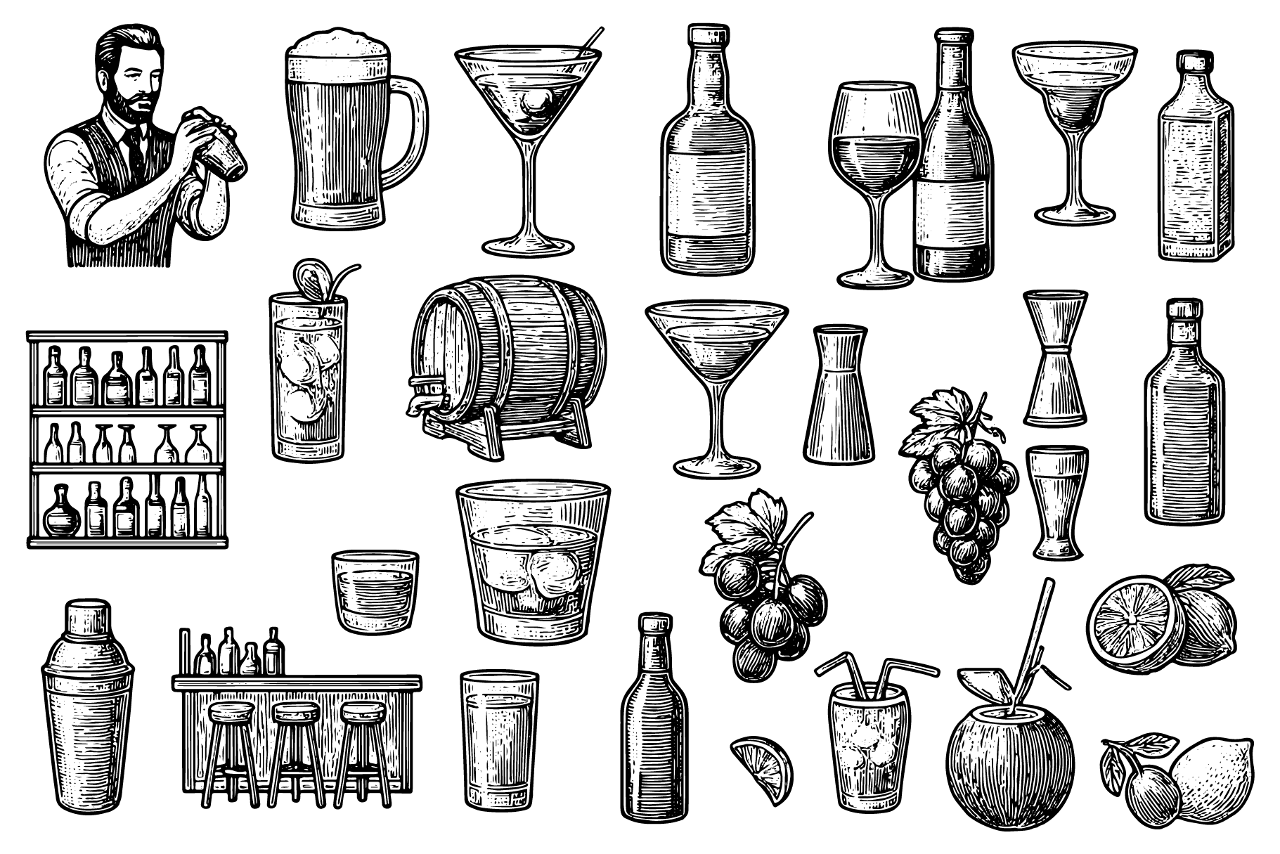 Bartender and Drinks Illustration Set