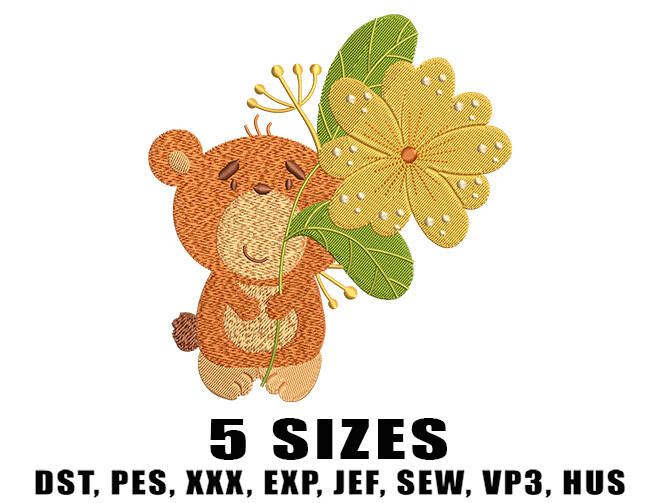 Bear with Flower Embroidery Design