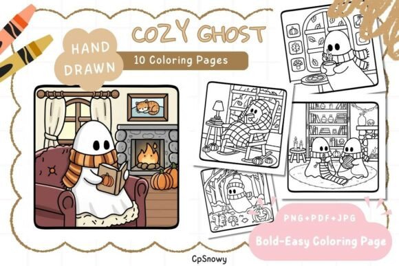 Cozy Ghost Halloween Coloring Pages Grafika Kolorowanki i książki dla dorosłych Przez CpSnowy