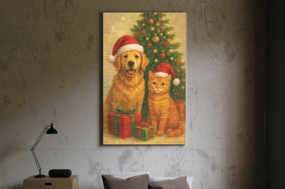 Festive Dog & Cat by the Christmas Tree