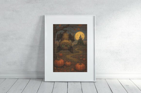 Whimsical Bat-Cat Halloween Scene