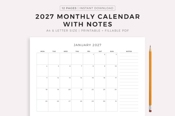 2027 Monthly Calendar with Notes