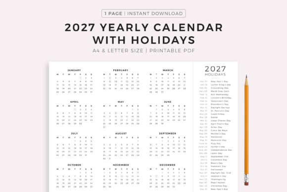2027 Year Calendar with Holidays