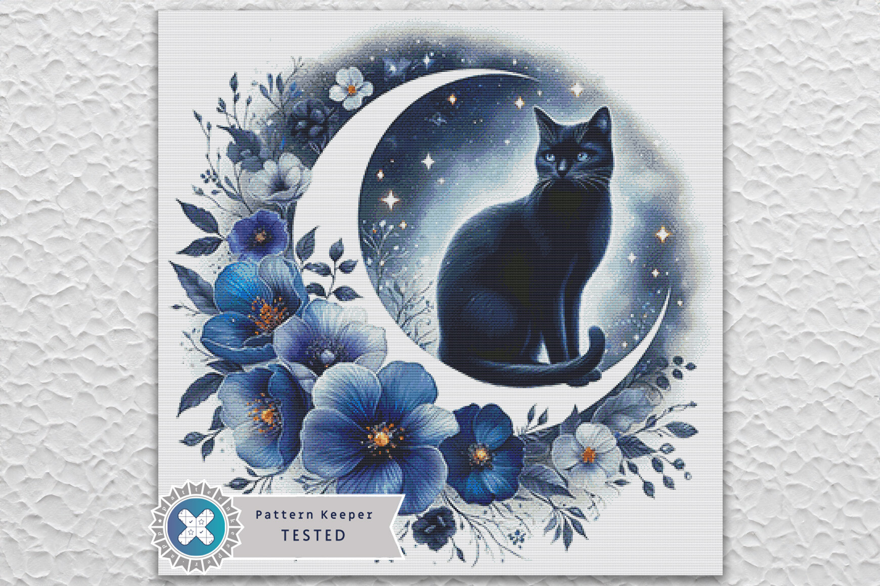 Cross Stitch Pattern PDF Floral Cat Moon