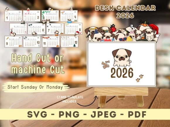 Cute Pug Dog Desk Calendar 2026