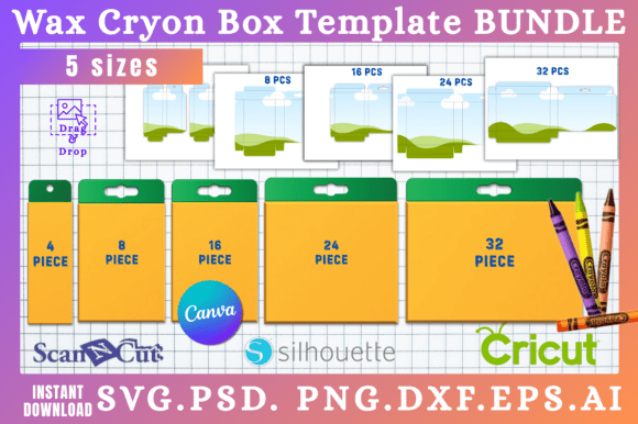 5 Sizes Wax Crayon Box Template Bundle