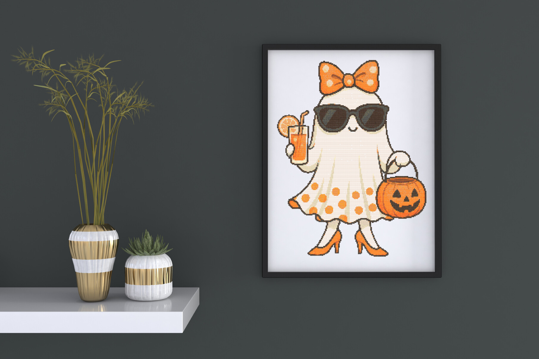 Stylish Ghost with Pumpkin & Drink