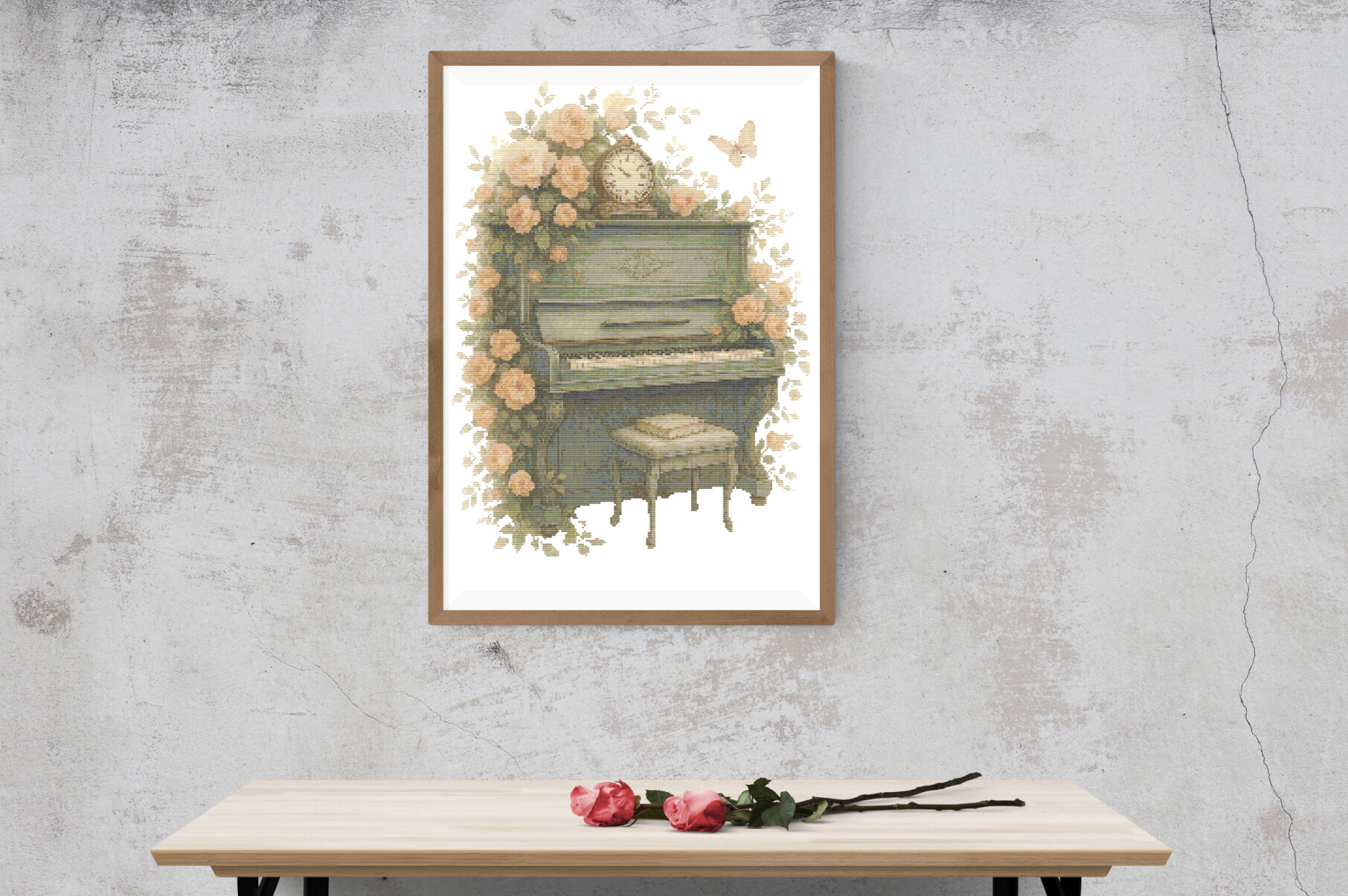Vintage Piano with Roses Cross Stitch Pa
