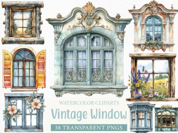 Vintage Window Watercolor Clipart