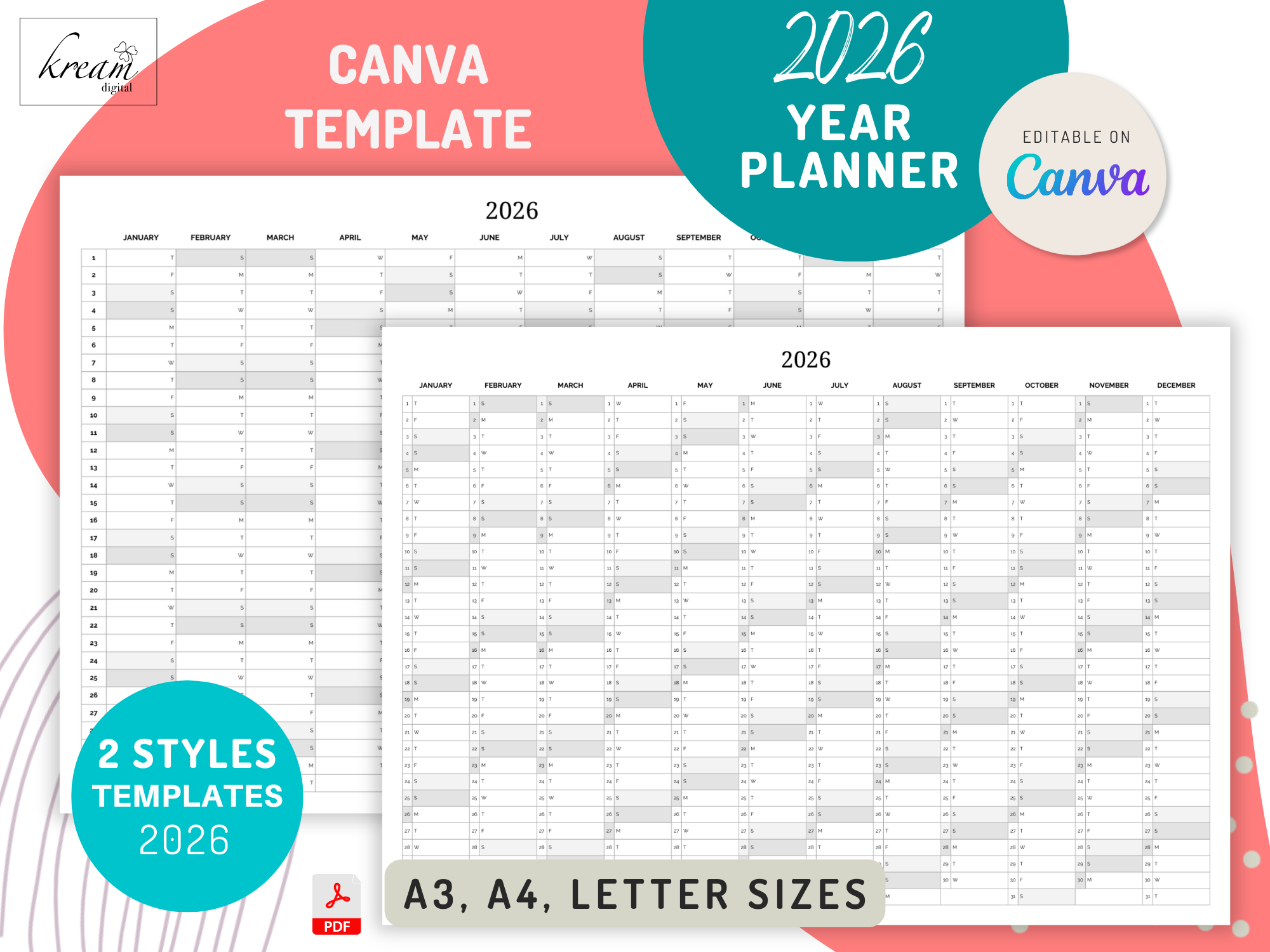 Canva 2026 One Page Year-at-a-Glance