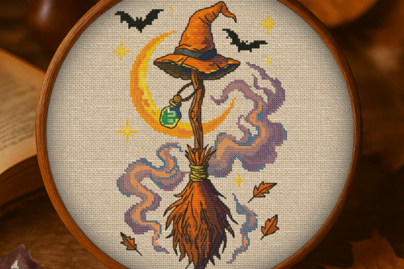 Halloween Witch Broom Cross Stitch Pattern