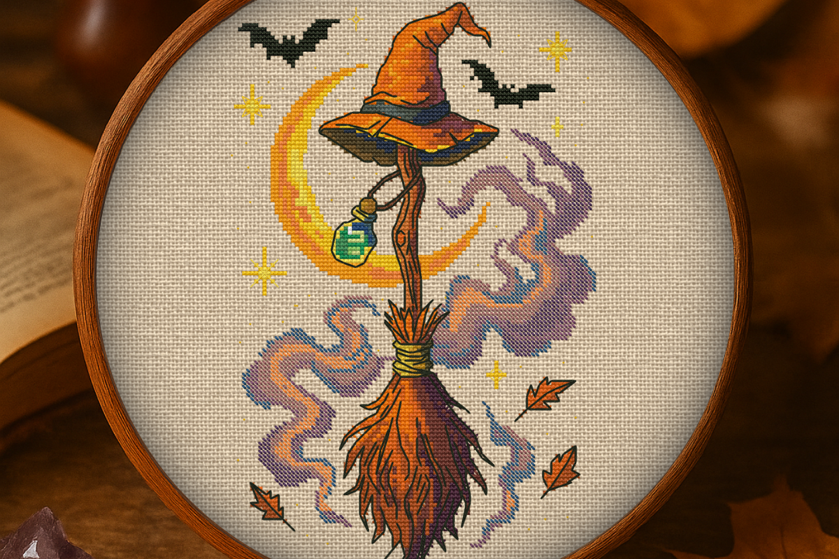 Halloween Witch Broom Cross Stitch Pattern