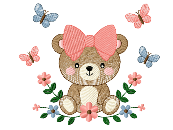 Cute Bear with Bow and Butterflies