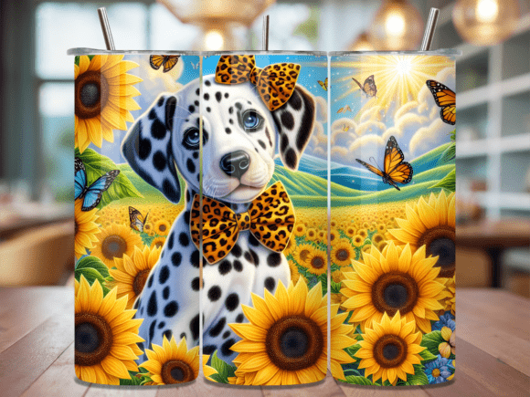 dalmatian sunflower bow cute dog tumbler wrap 20oz skinny sublimation bright floral breed