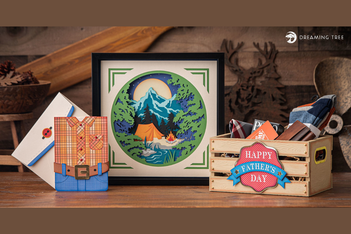 Celebrate Dad SVG Bundle with plaid shirt card, camping shadowbox, and rustic gift crate