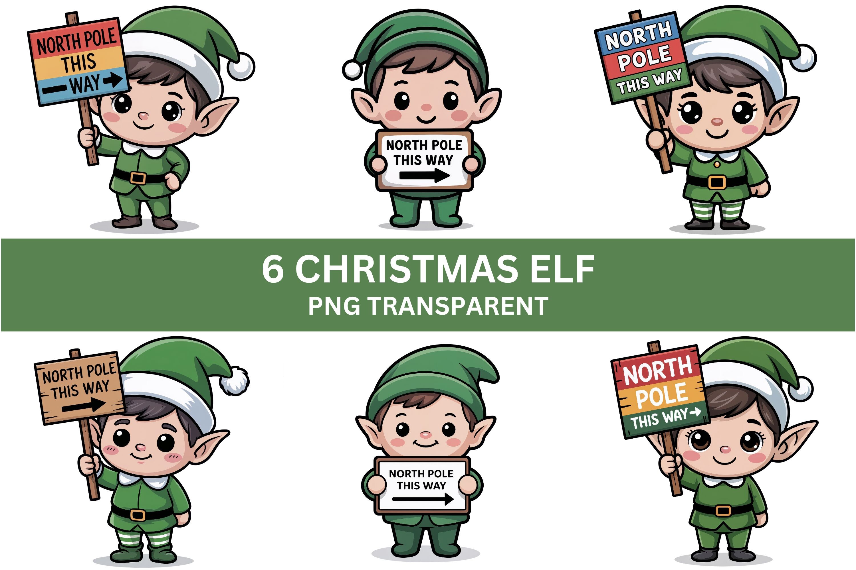 Cute Christmas Elf Clipart PNG Set
