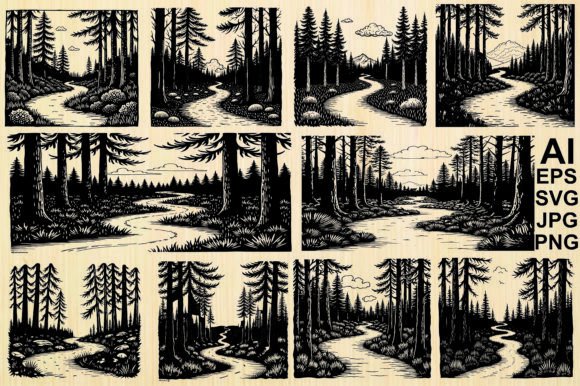 Forest Path Silhouette Vectors Gráfico Ilustrações para Impressão Por shopone designer
