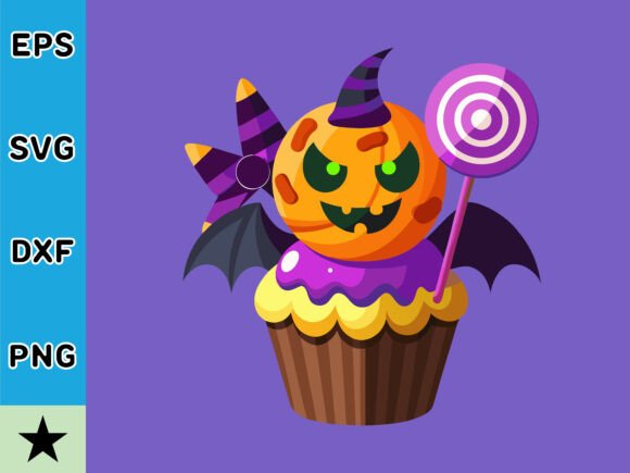 Halloween Cupcake with Pumpkin and Bat Grafik Druckbare Illustrationen Von Priyo Design Shop