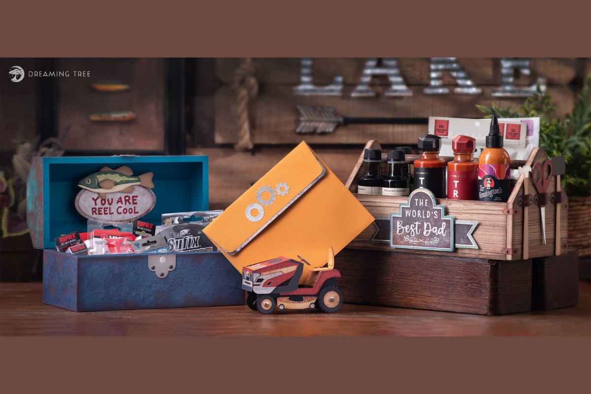 Love Dad SVG Bundle with lawn mower, tackle box, and wooden tool box card designs