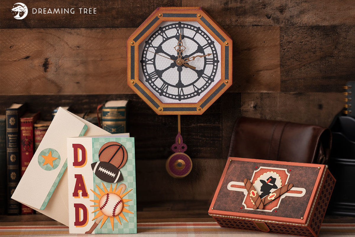 Man of the House SVG Bundle with sports card, pendulum wall clock, and cigar box