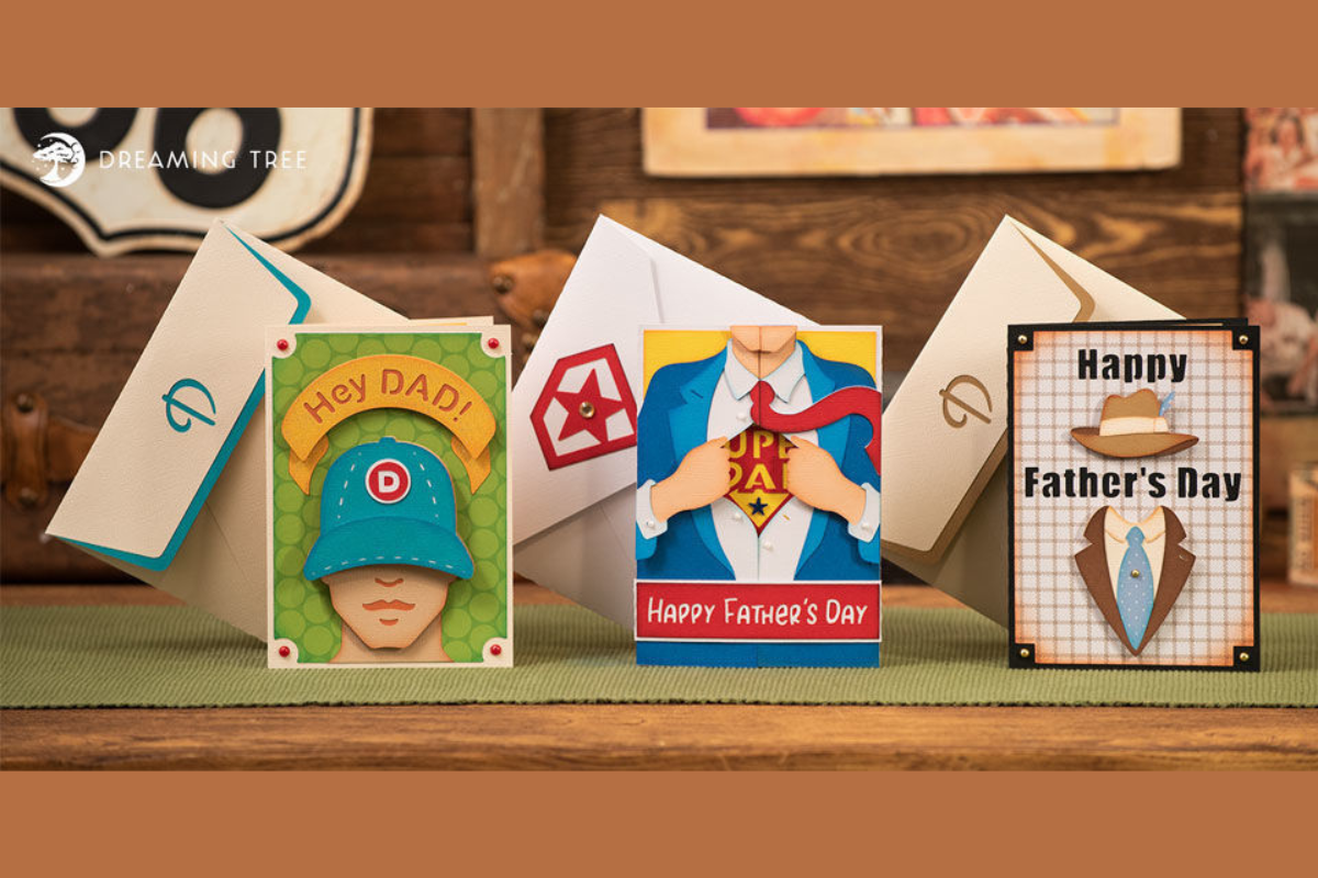 Dad’s Day SVG Bundle with baseball cap card, Super Dad reveal, and shirt and tie card