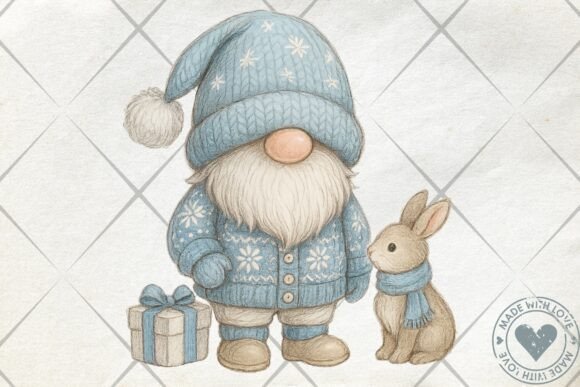 Blue Cozy Christmas Gnome With Bunny Png Graphics