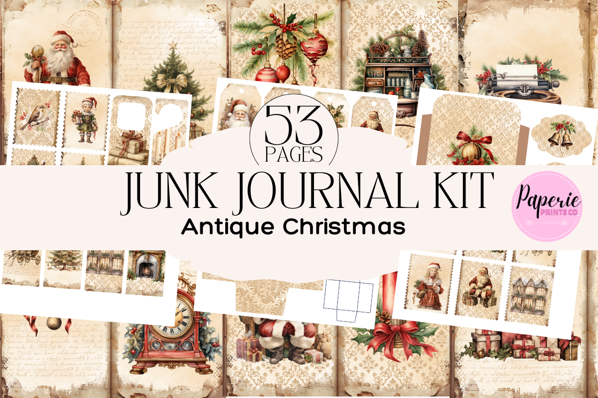 Antique Christmas junk journal kit preview with brown paper pages and vintage ephemera