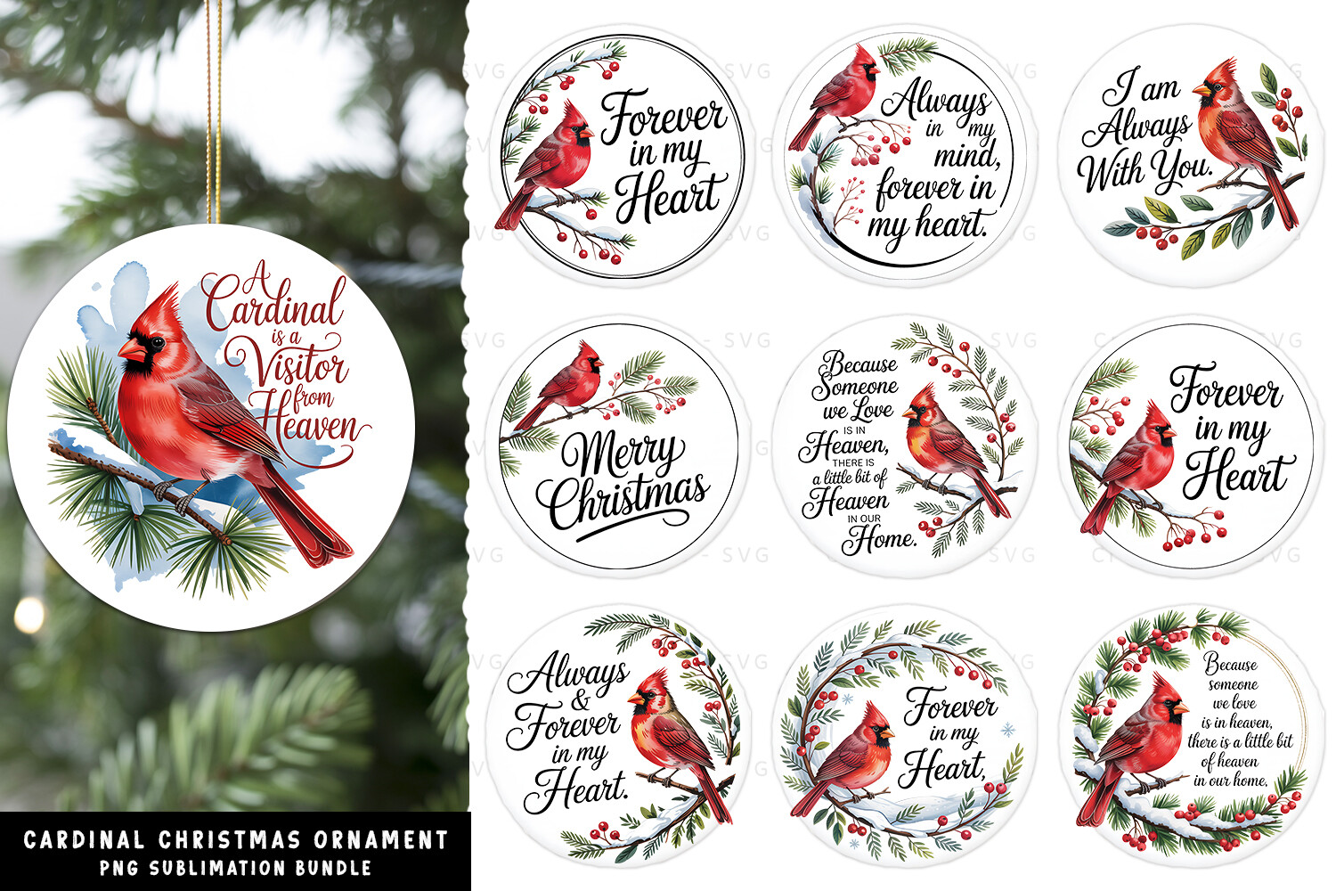 Cardinal Christmas Ornament PNG Bundle