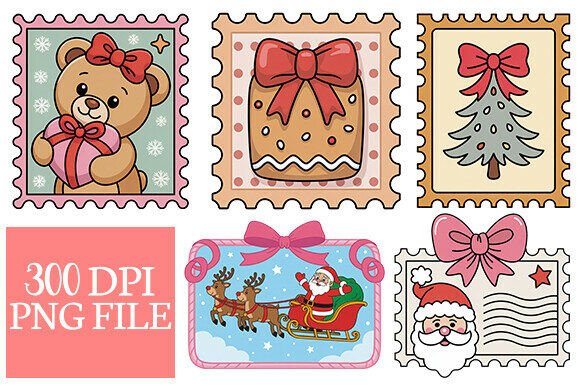 Christmas Postage Stamps PNG, Cute Retro Grafik Druckbare Illustrationen Von DesignPlanate503