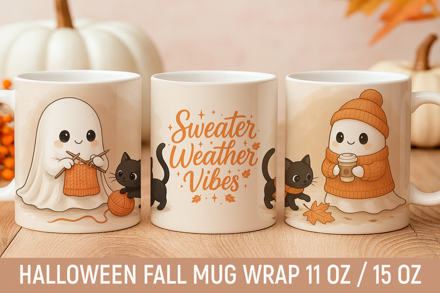 Fall Halloween Mug Wrap, Cute Ghost