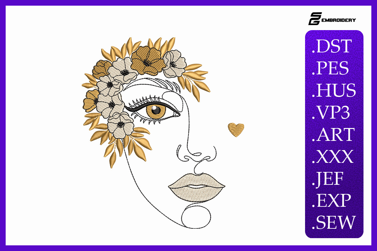 Boho Line Art Female Face with Flowers