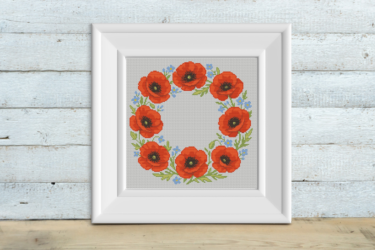 Cross Stitch Pattern Red Poppy Wreath
