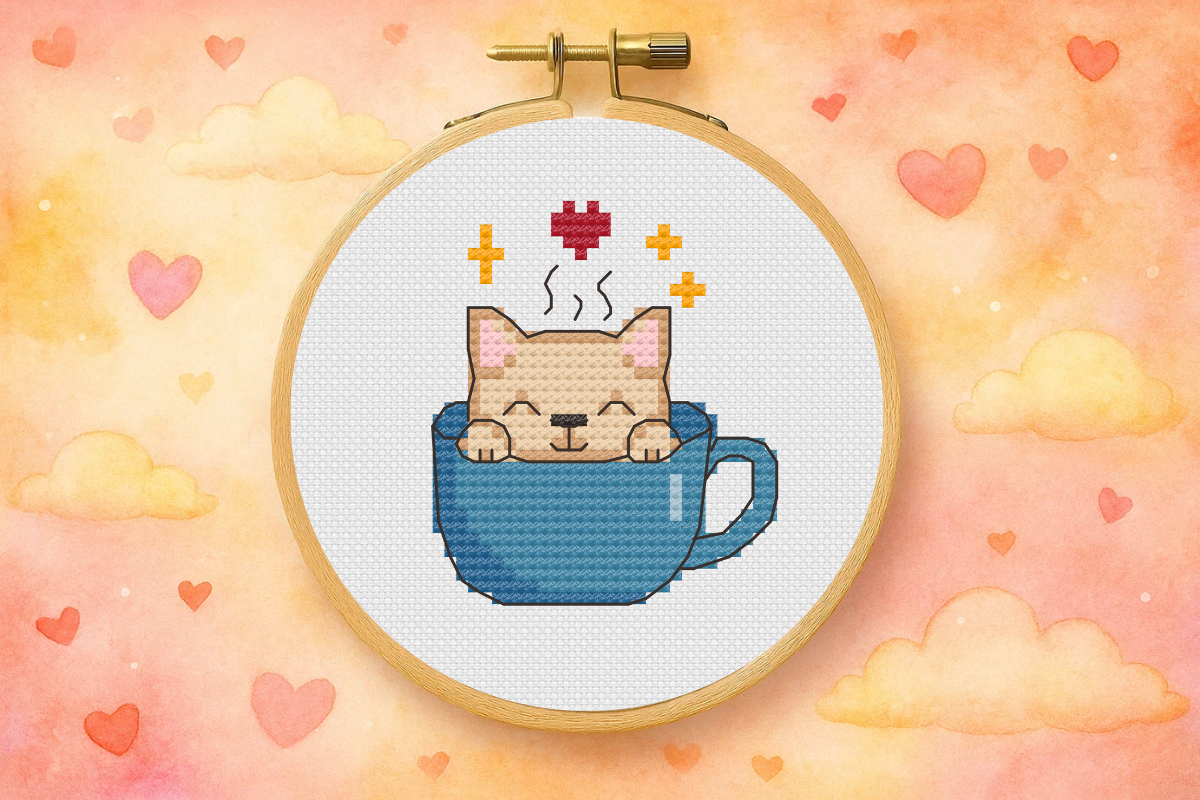 Cute Cat in a Cup Cross Stitch Pattern
