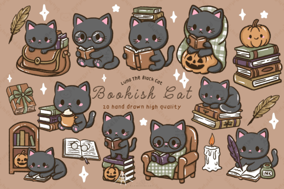 Kawaii Black Cat Bookish Fall clipart