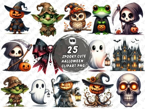 Spooky Cute Halloween Clipart PNG Bundle Gráfico Ilustrações para Impressão Por Vampire Art