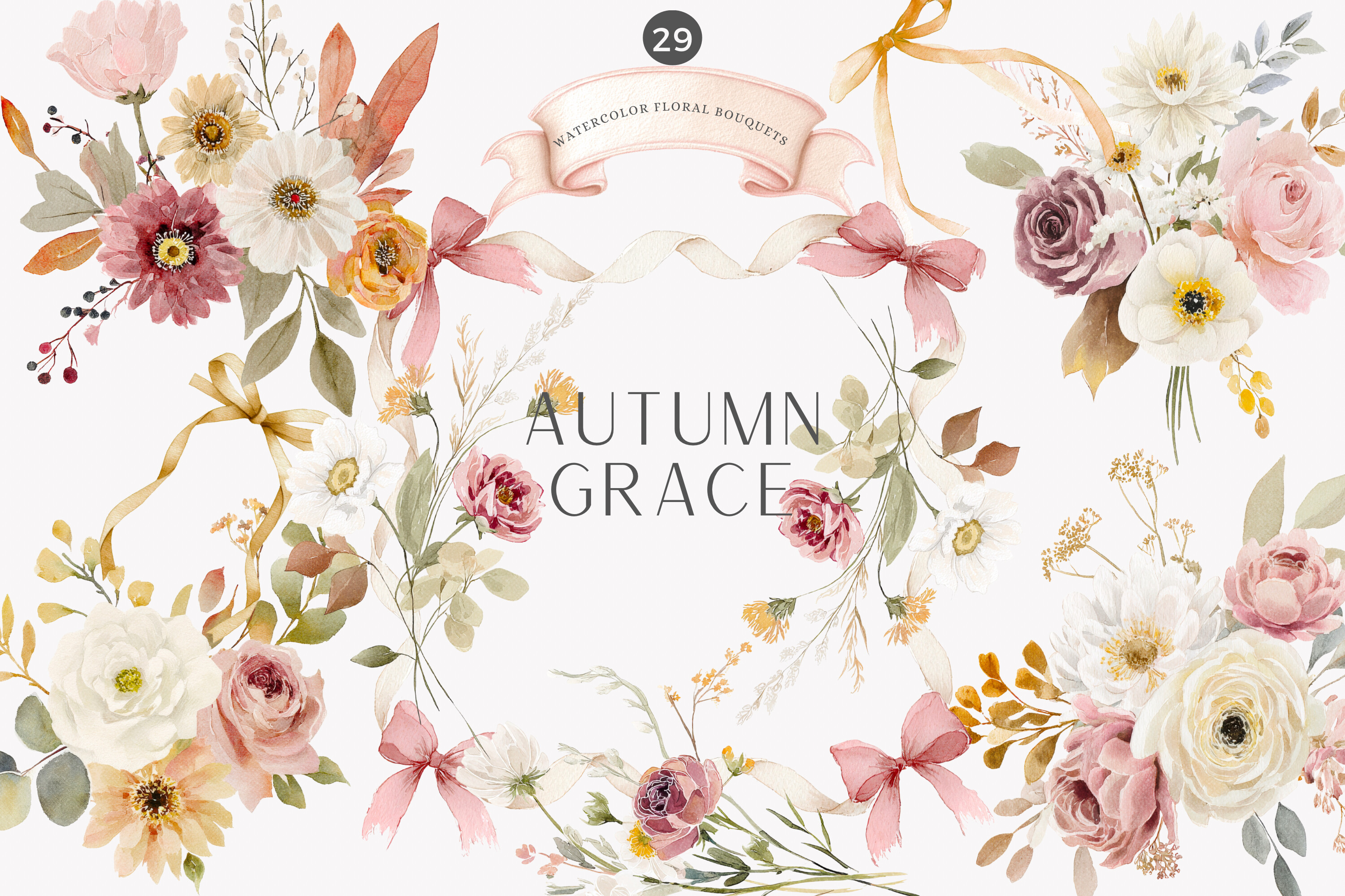 Autumn Florals Watercolor Bouquets Png