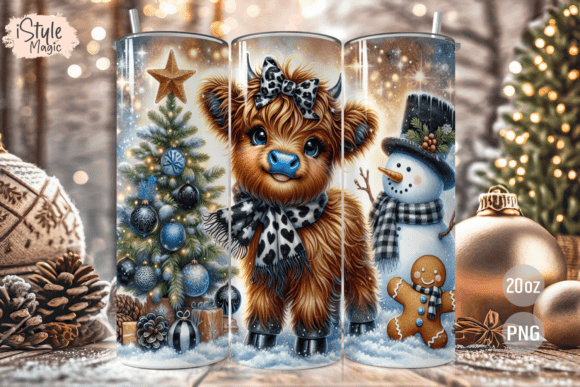 Christmas Highland Cow Tumbler Wrap PNG
