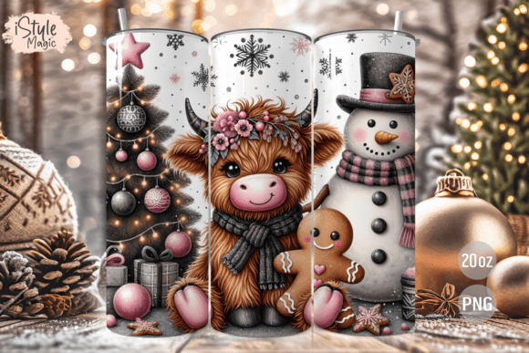 Christmas Highland Cow Tumbler Wrap PNG