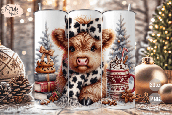 Christmas Highland Cow Tumbler Wrap PNG