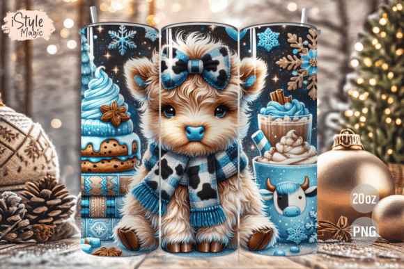 Christmas Highland Cow Tumbler Wrap PNG