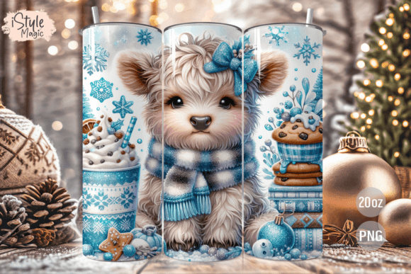 Christmas Highland Cow Tumbler Wrap PNG