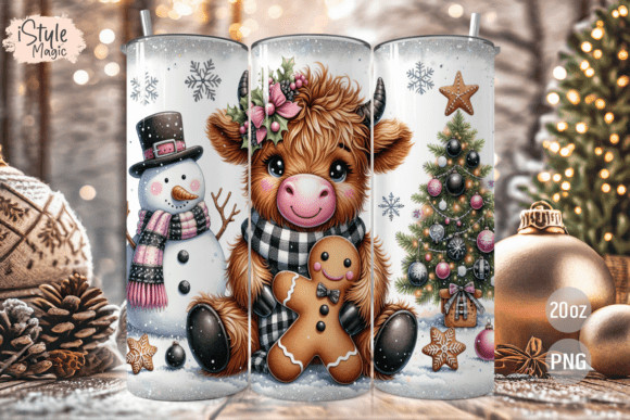 Christmas Highland Cow Tumbler Wrap PNG