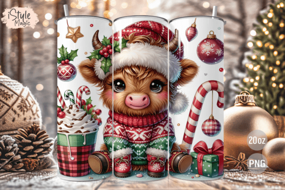 Christmas Highland Cow Tumbler Wrap PNG
